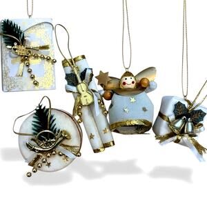 VTG Angel & musical Instruments Christmas Ornaments cardboard Farm Cottage Set 5